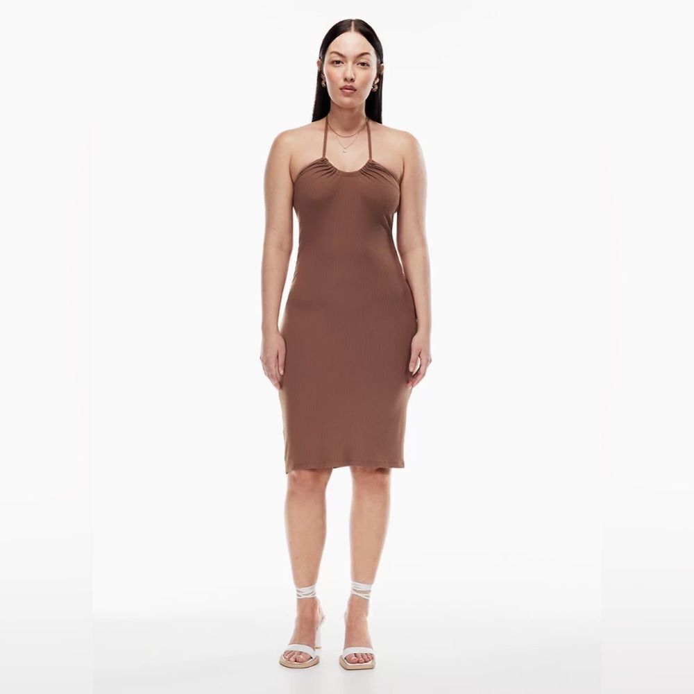 Aritzia Wilfred Lanai Ribbed Halter Neck‎ Mini Dress Sz Small Mocha Sorbet